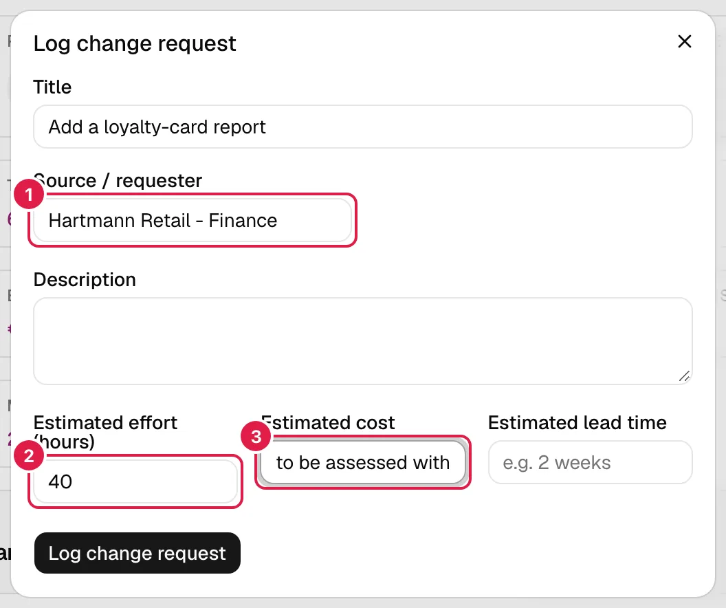 Diálogo Registrar solicitud de cambio