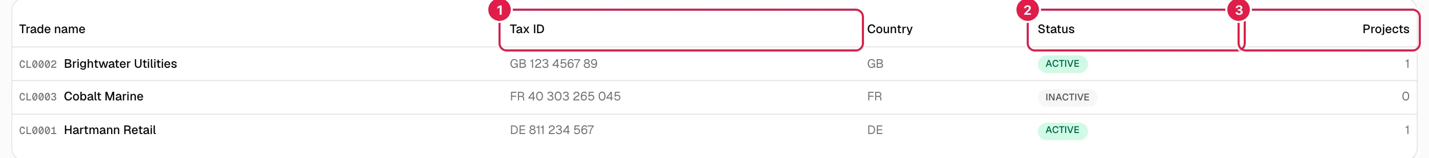 Client list with tax ID, country, status and number of projects