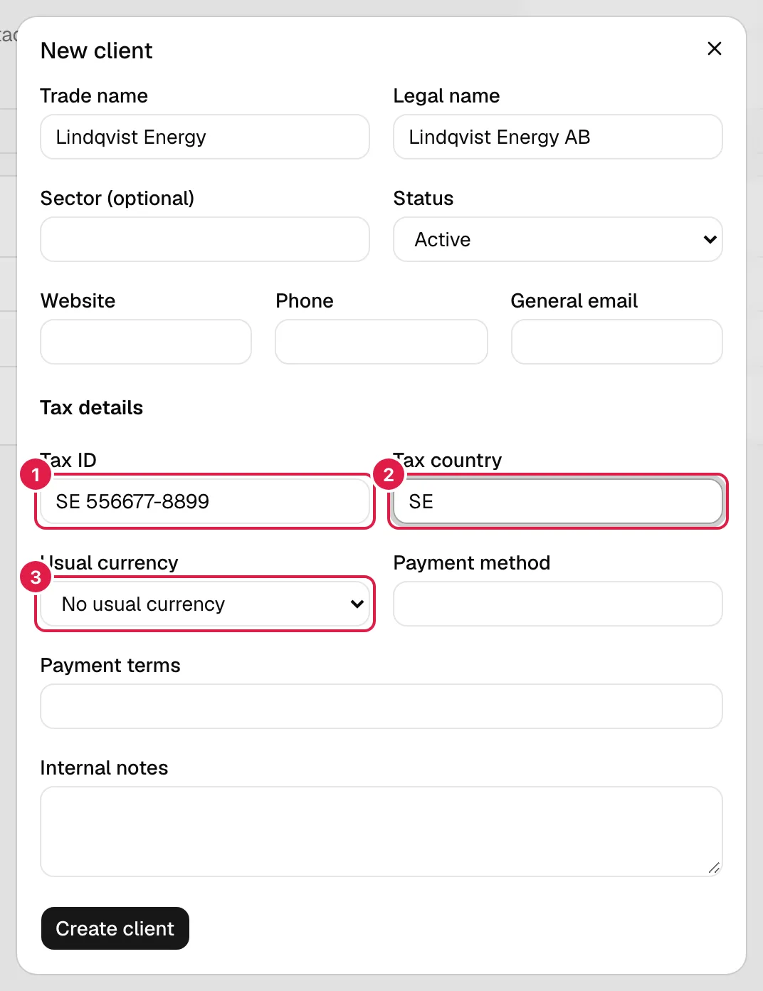 New client dialog with the general and tax details