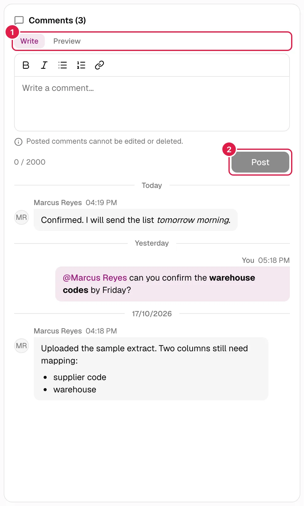 Panel de comentarios con el editor arriba y el historial debajo