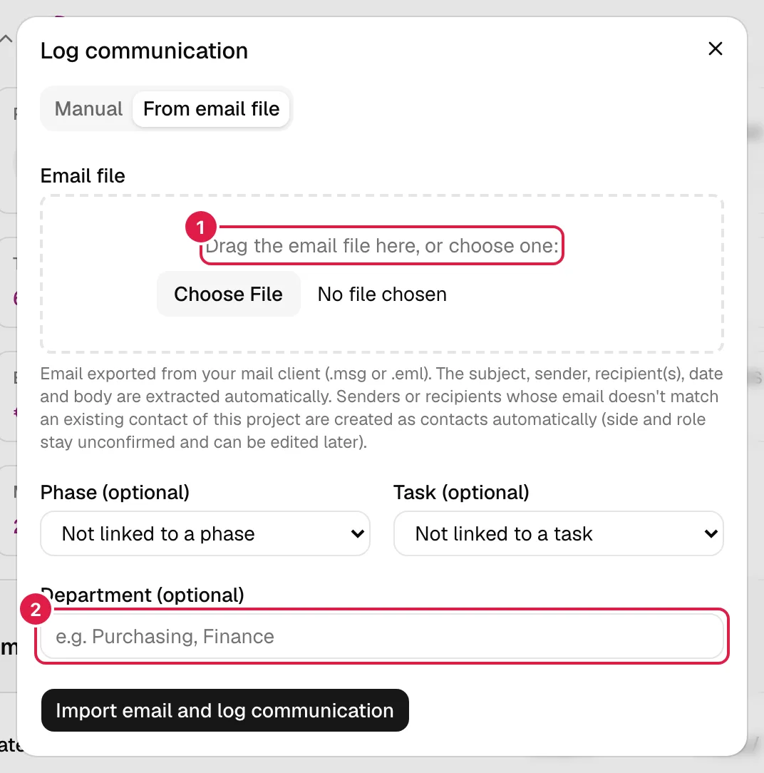 Pestaña Desde archivo de email con la zona de arrastre