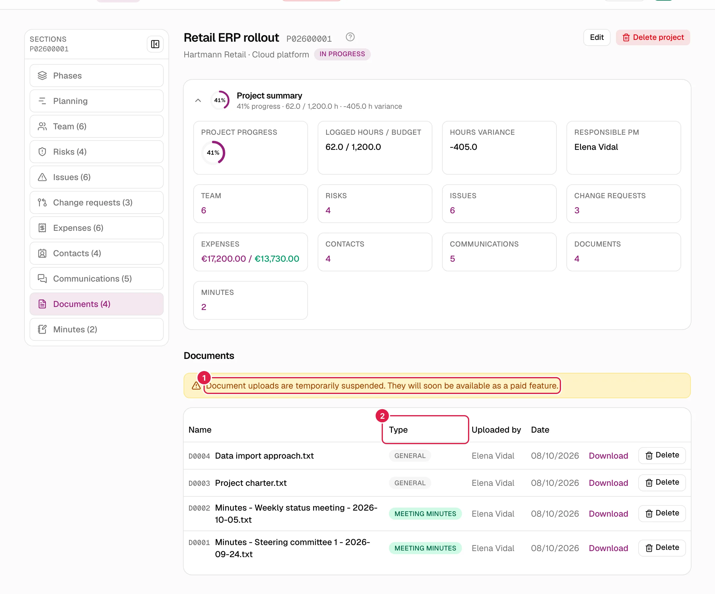 Tabla de documentos del proyecto con su tipo, autor y fecha