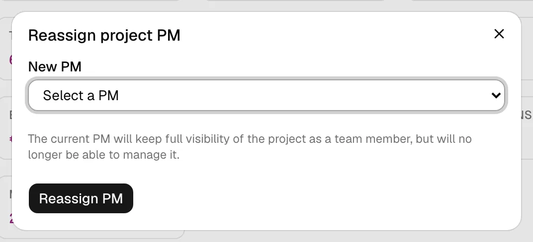 Diálogo Reasignar PM del proyecto
