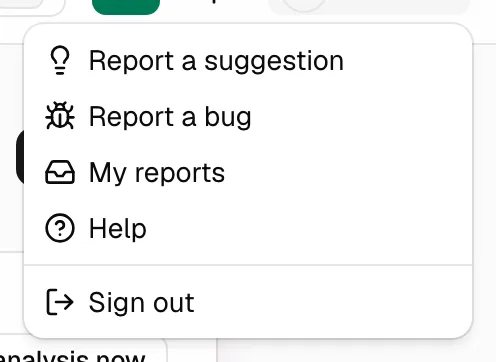 Menú de cuenta con las opciones Reportar sugerencia, Reportar bug y Mis reportes