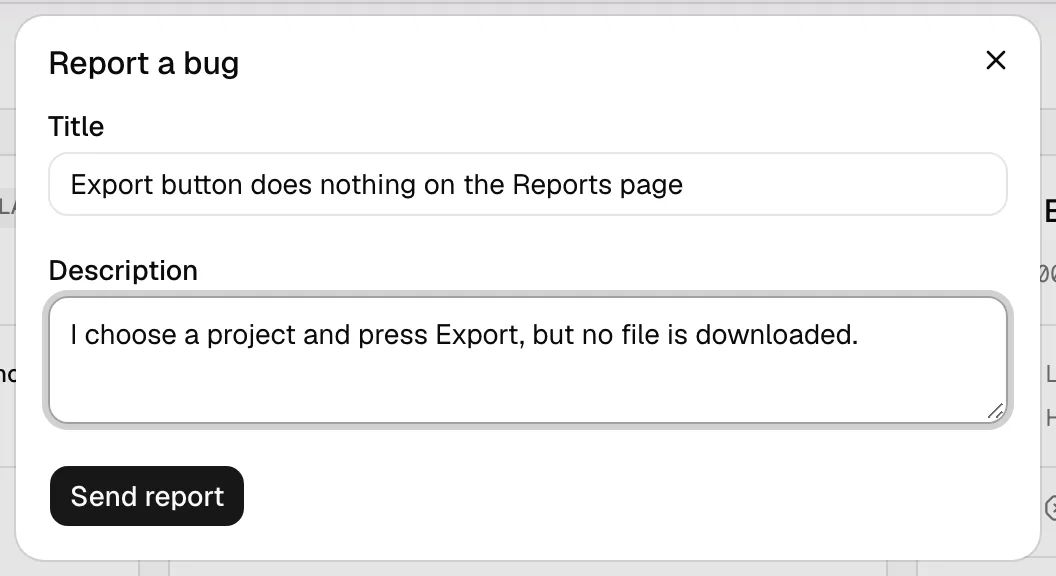 Diálogo Reportar bug con título y descripción