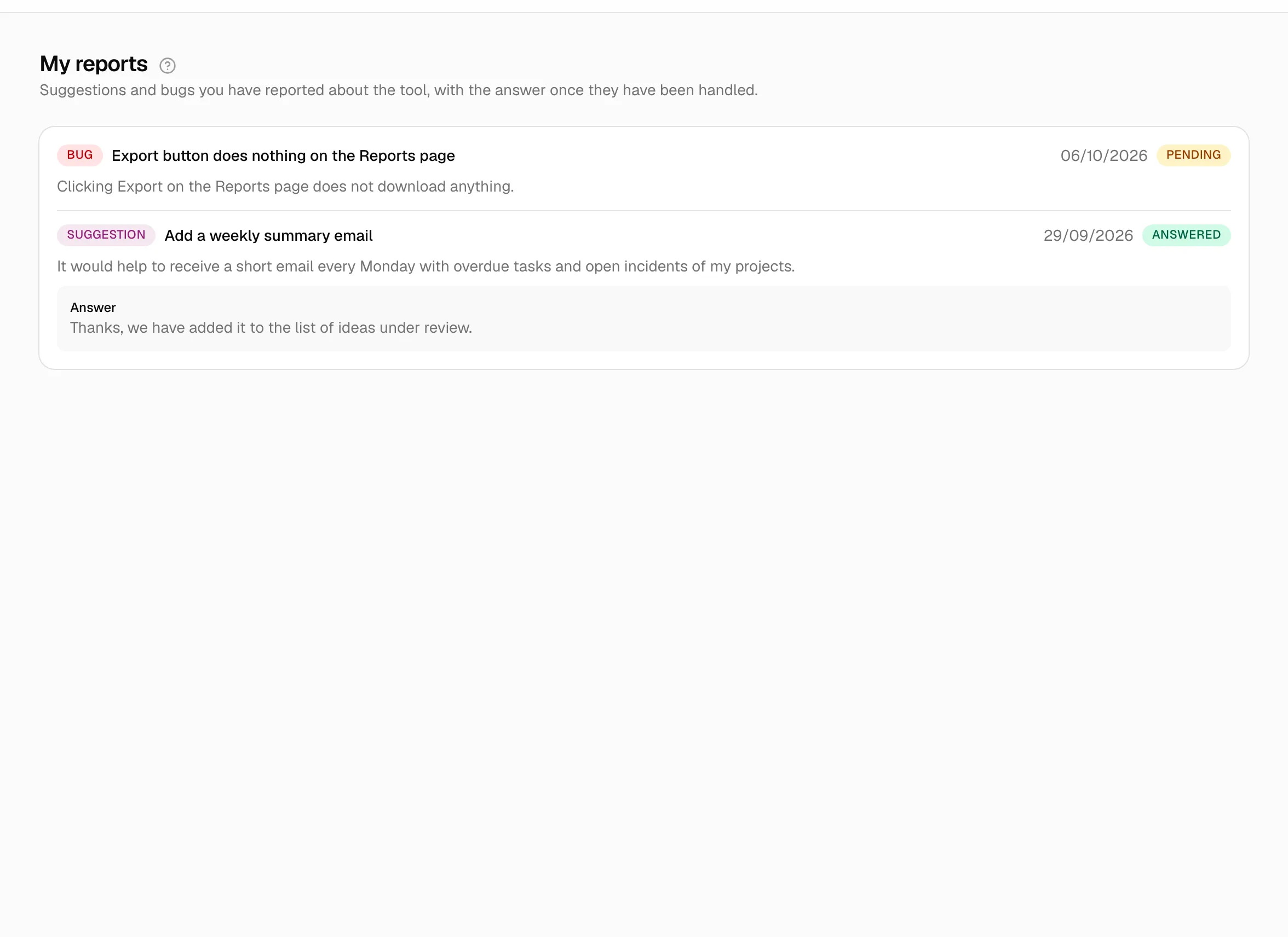 Lista Mis reportes con un reporte pendiente y otro respondido con su respuesta