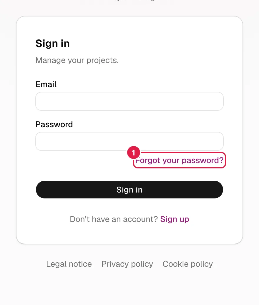 Pantalla de acceso con email, contraseña y enlace para recuperar la contraseña