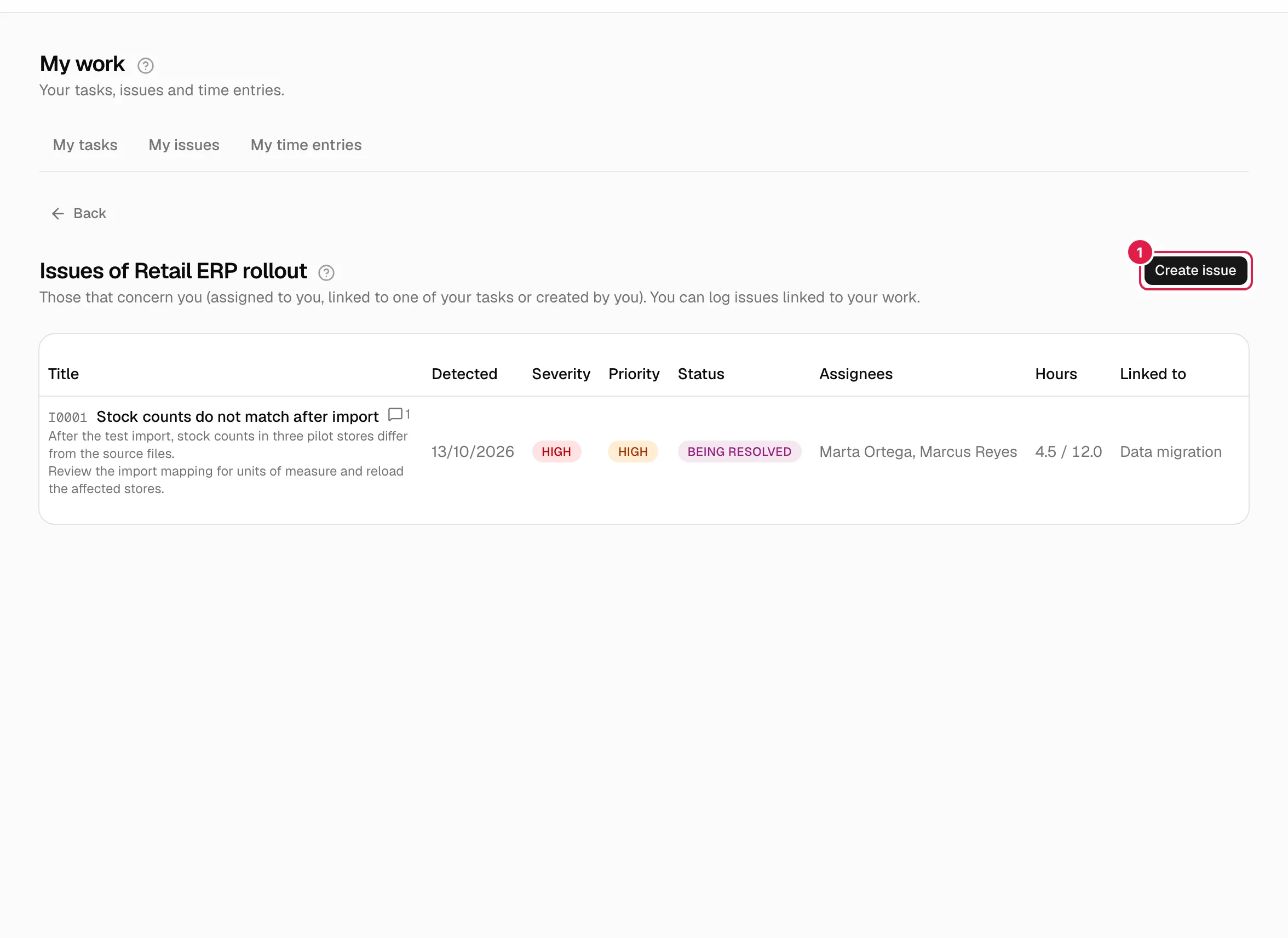 Lista de incidencias de un proyecto vista por un consultor desde Mi trabajo