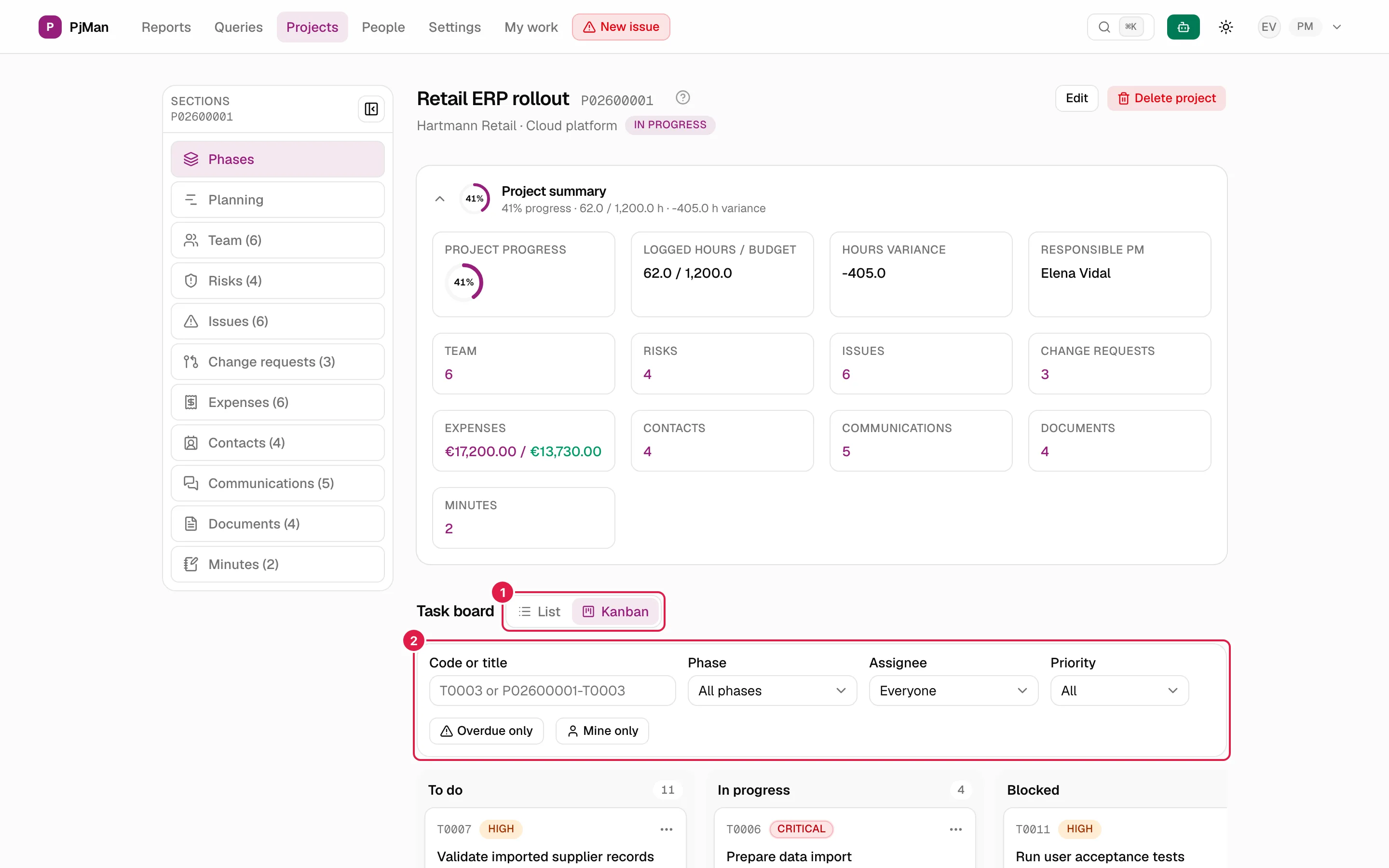 Tablero de tareas de un proyecto con sus columnas por estado