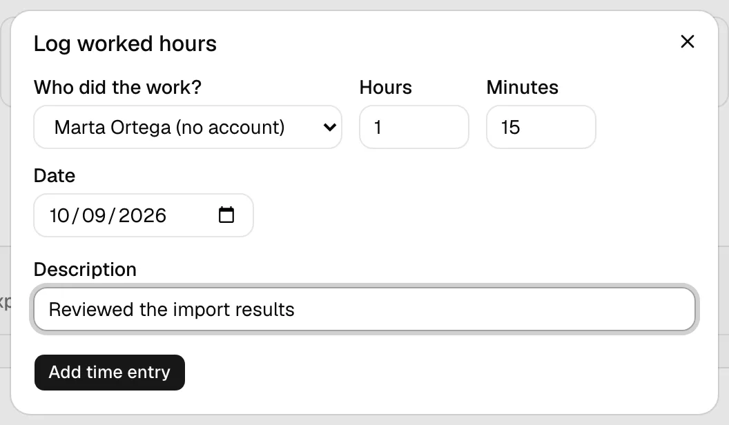 Saisies de temps d’une tâche avec des heures saisies au nom d’une personne sans compte