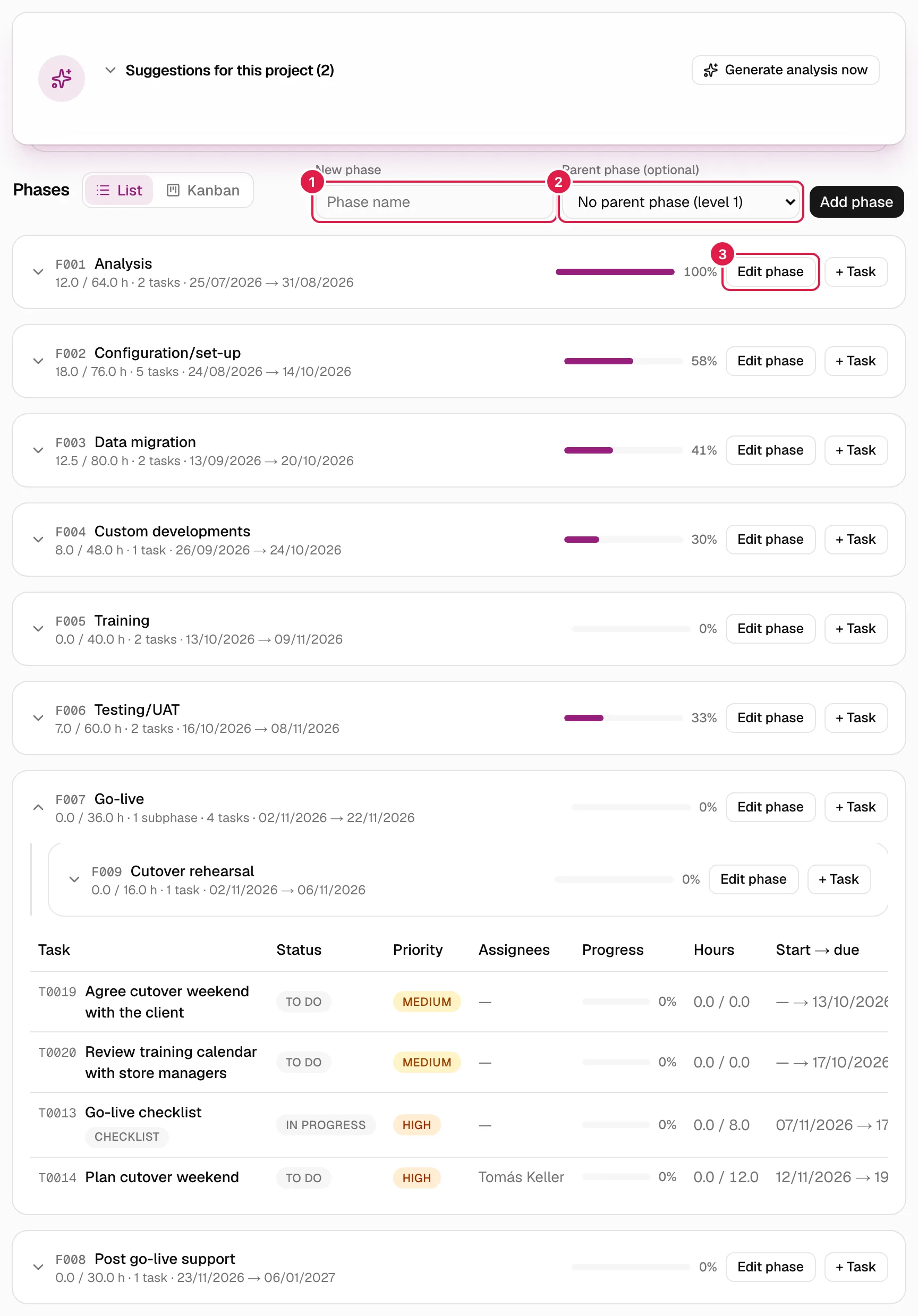 Sección Fases con una fase desplegada, sus subfases y su tabla de tareas
