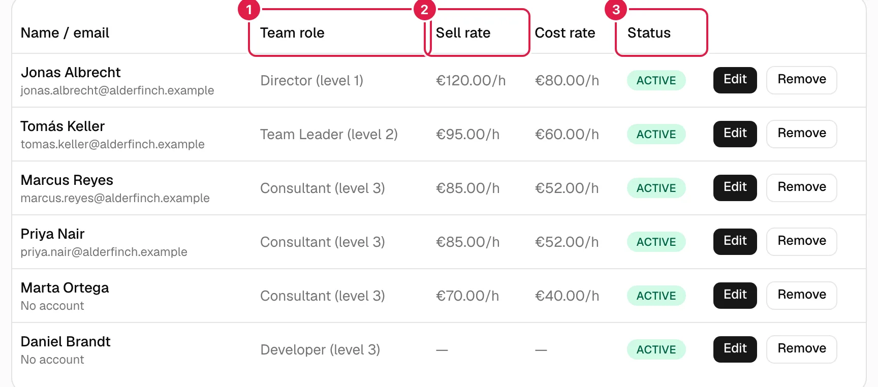Tabla de equipo del proyecto con roles, precios y estados