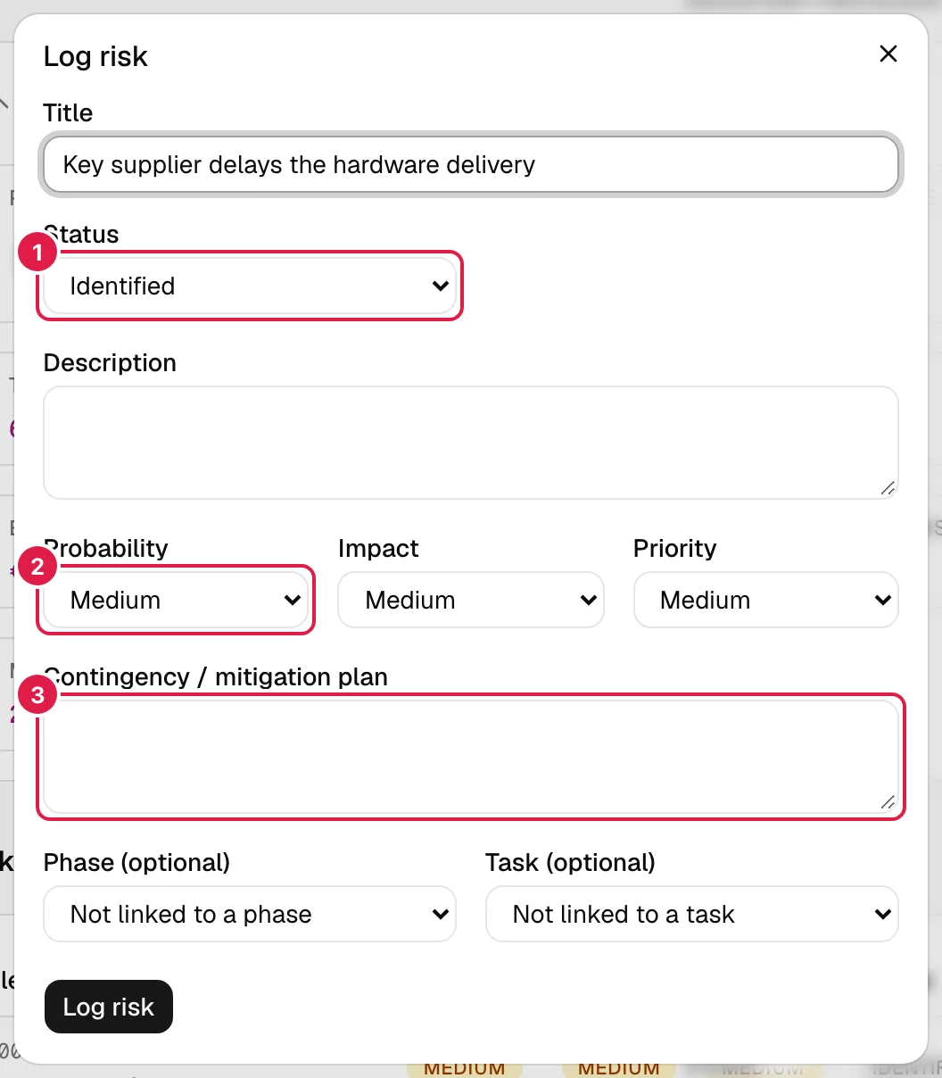 Diálogo Registrar riesgo
