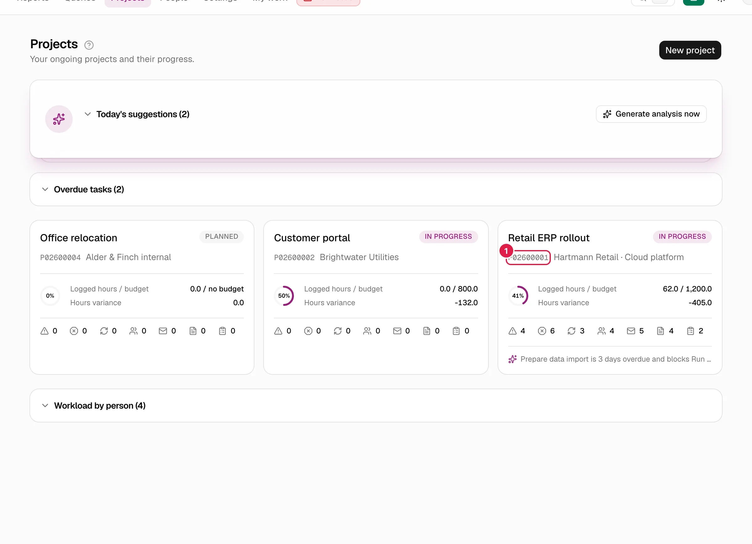Lista de proyectos con el código de cada proyecto junto a su nombre