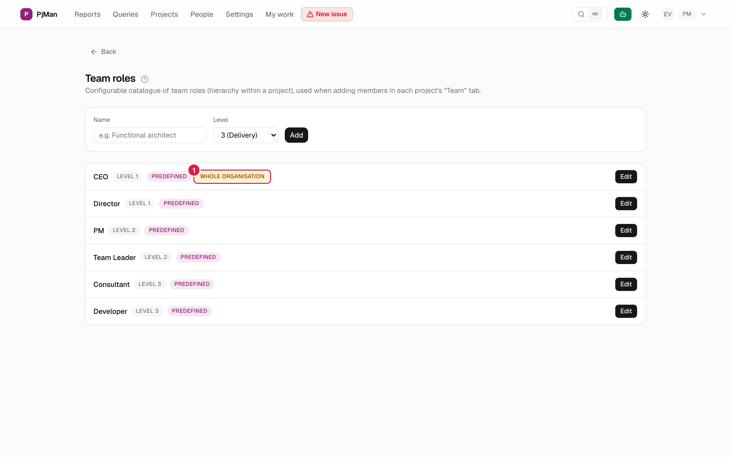 Catálogo de roles de equipo con los seis roles predefinidos, su nivel y la etiqueta Toda la organización en CEO
